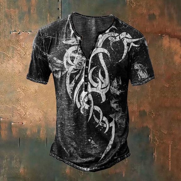 MAOQHI Mens Dress Shirts Norse Mythology Graphic T Shirt Retro Gods Printed Tee Soft V Neck Loose Viking Tops