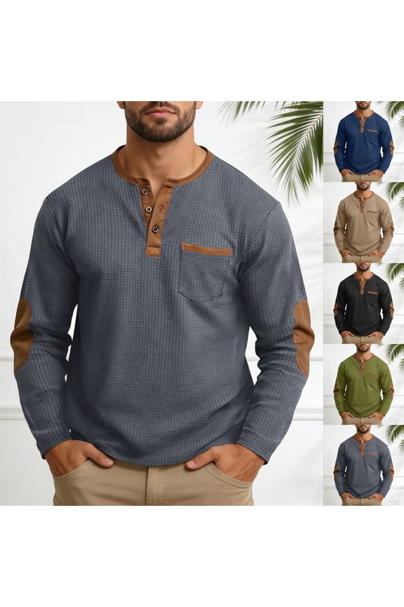 Mens Henley Shirts Outdoor Casual Long Sleeve Polo Shirt Waffle Knit Stand Collar Athletic Base Layer Top Sports Golf Blouses