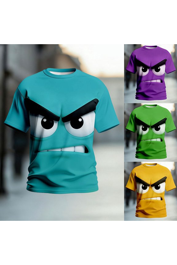 Mens Short Sleeve Casual Shirts Playful Grinning Face Printed Graphic Tee Funny Tops Loose Crew Neck Shirt