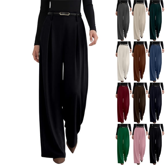 MAOQHI Pants for Womens Casual Wide Leg Trousers High Waist Solid Color Flowy Pants Slim Straight Leg Business Suit Pants