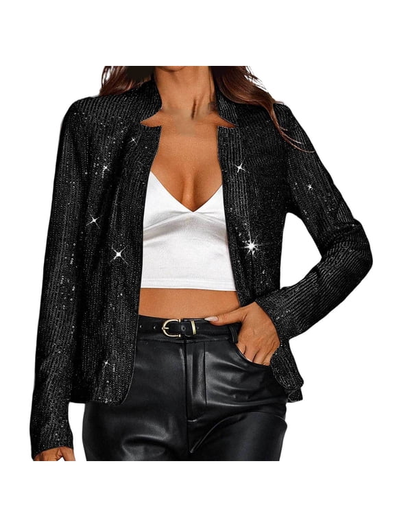 Sequin Blazer for Women Shimmer Jacket Casual Long Sleeve Glitter Sparkle Party Lapel Coat Rave Lightweight Shiny Blazer Cardigan Suit E-Black XXL