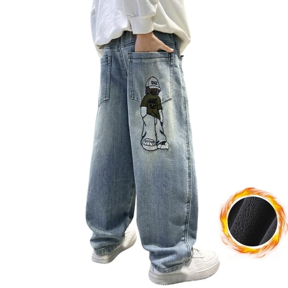 MAOQHI Stretchy Jeans for Boys Winter Thermal Thickened Lined Printed Denim Trousers for Kids Loose Wide Leg Soft Casual Washed Solid Jeans Pants Children Pant Kids Pants B Dark Blue 7-8 T