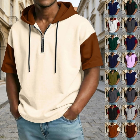 MAOQHI T Shirts for Man Contrast Color Hooded Half Zip Short Sleeve Polo Shirt Casual Athletic Top for Streetwear and Gym