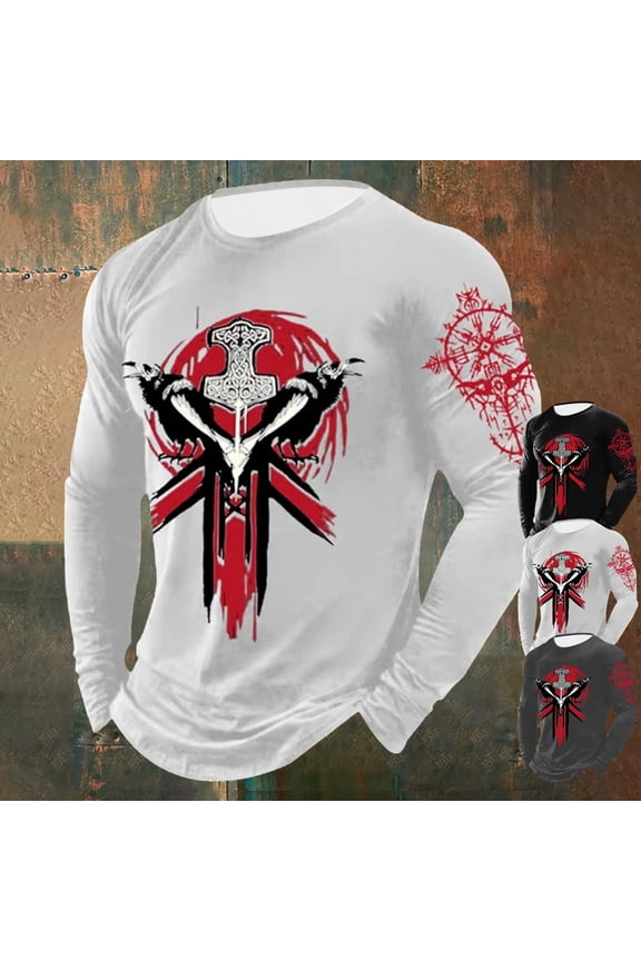 T Shirts for Man Culture Norse Mythology Graphic Long Sleeve Tops Crew Neck Vintage Viking Casual Soft Tee