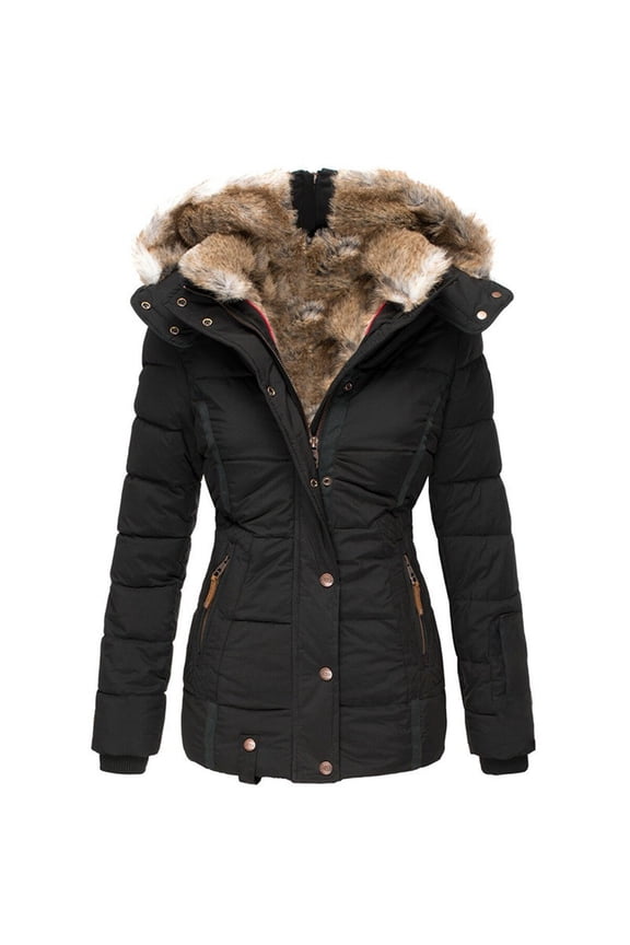 Winter Hooded Jacket for Womens Full Zip Front Lined Windproof Outerwear Padded Jacket for Cold Weather Cozy Casual Wear Black L