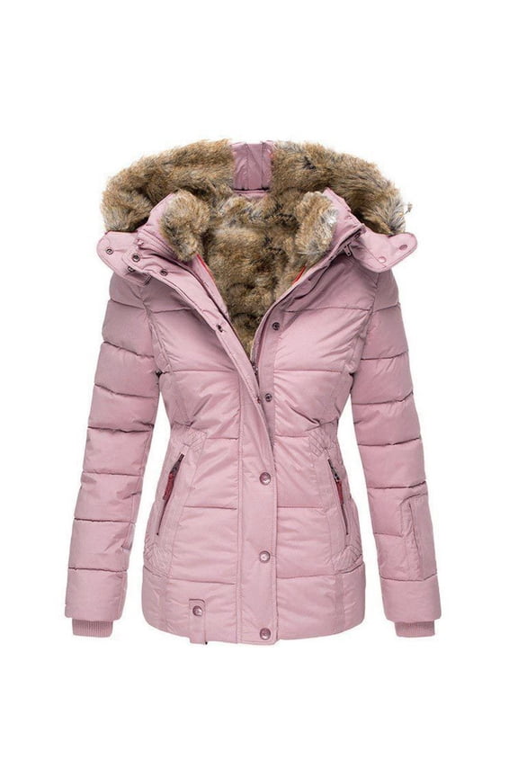 Winter Hooded Jacket for Womens Full Zip Front Lined Windproof Outerwear Padded Jacket for Cold Weather Cozy Casual Wear Pink M