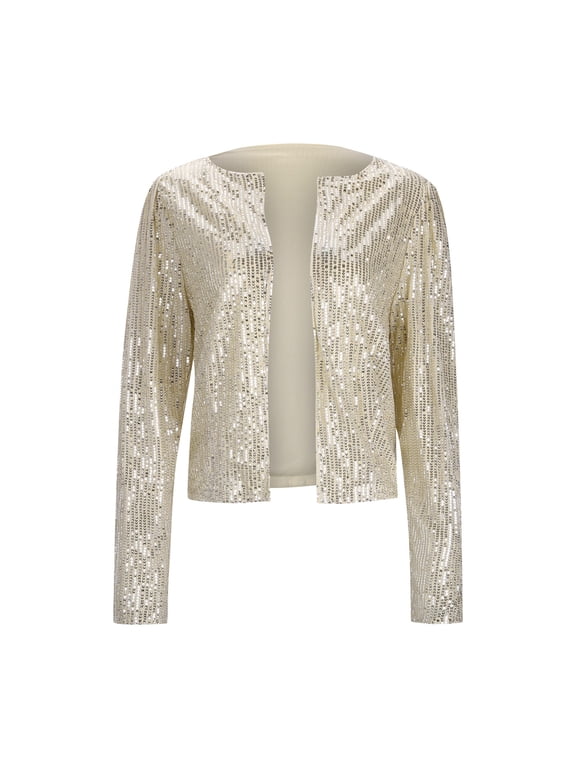 Women Sequins Blazer Sequin Jacket Casual Long Sleeve Glitter Party Shiny Lapel Cardigan Rave Outerwear Women's Trench Coats Short A-Gold L