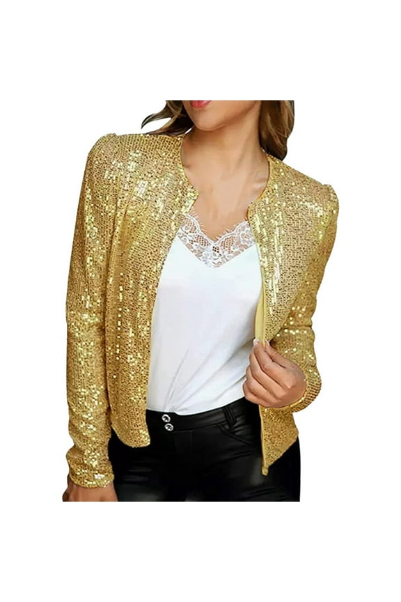 Women’s Sequin Jackets Long Sleeve Open Front Shiny Cardigan Glitter Short Blazer Casual Solid Color Coat for Night Party Club C-Gold L