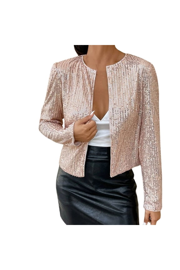 Women’s Sequin Jackets Long Sleeve Open Front Shiny Cardigan Glitter Short Blazer Casual Solid Color Coat for Night Party Club C-Rose Gold XL