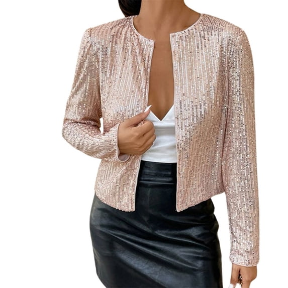 MAOQHI Women’s Sequin Jackets Long Sleeve Open Front Shiny Cardigan Glitter Short Blazer Casual Solid Color Coat for Night Party Club C-Rose Gold XXL