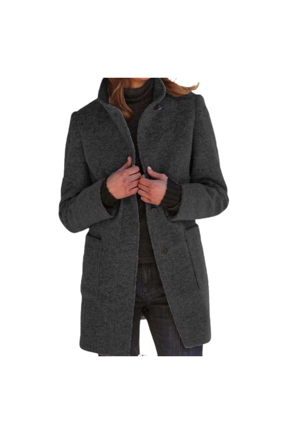Women's Wool Jacket Autumn Winter Solid Color Button Up Stand Collar Woollen Coat Mid Length Warm Windproof Jacket Outwear Black XXXL