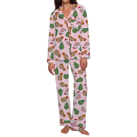 MAOQHI Womens Christmas Sleepwear Sets Long Sleeve Pajama Movie Holiday Print Milk Silk Long Sleeve Shirts and Pants for Cozy Nightwear Outfit H-Pink M