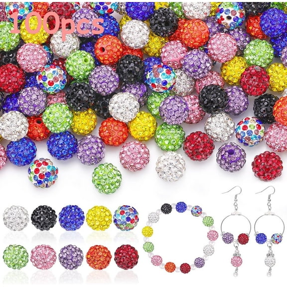 MAOQIAN 100 pcs 10mm Rhinestone Beads for Jewelry Making, 10 Mixed Colors Shiny Round Shamballa Disco Beads, Sparkle Crystal Clay Christmas Beads for Bracelet Baseball Necklace Earring