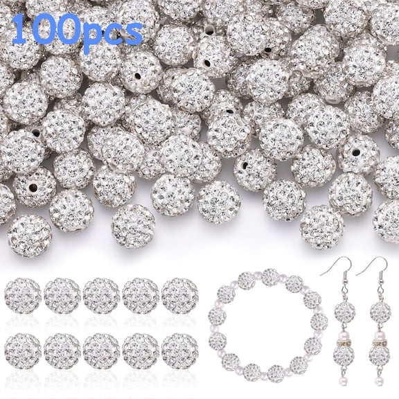 MAOQIAN 100 pcs 10mm Rhinestone Beads for Jewelry Making, White Shiny Round Shamballa Disco Beads, Sparkle Crystal Clay Christmas Beads for Bracelet Baseball Necklace Earring