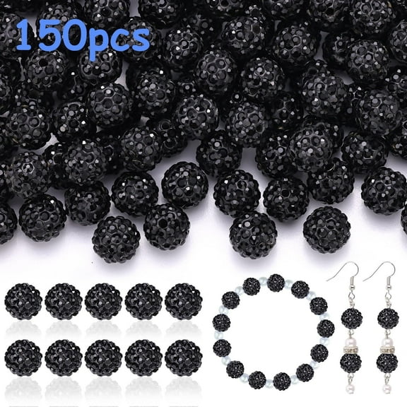 MAOQIAN 150 pcs 10mm Rhinestone Beads for Jewelry Making, Black Shiny Round Shamballa Disco Beads, Sparkle Crystal Clay Christmas Beads for Bracelet Baseball Necklace Earring