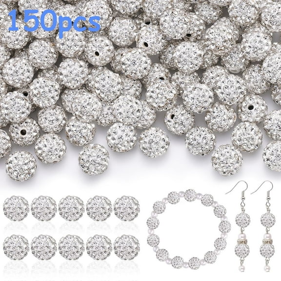 MAOQIAN 150 pcs 10mm Rhinestone Beads for Jewelry Making, White Shiny Round Shamballa Disco Beads, Sparkle Crystal Clay Christmas Beads for Bracelet Baseball Necklace Earring