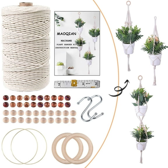 MAOQIAN 3 in 1 Macrame Kit for Beginners, 3mm x 220yards Cotton Macrame Cord, 3 DIY Macrame Plant Hanger Kits for Adults with Instructions Macrame Supplies Best for Macrame Plant Hanger Kit