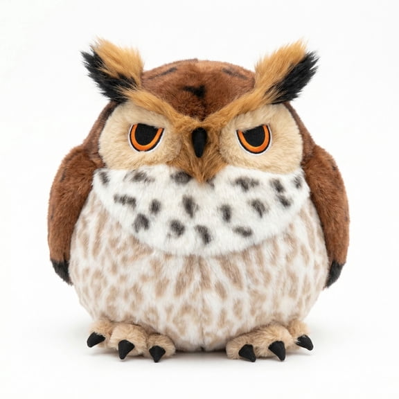 MAOWO Planet Eagle Owl Plush Toy, Round Stuffed Animal Bird Figure, Soft Fluffy Cuddly Pillow with Grumpy Expression and Embedded Magnetic Left Foot, 28 cm / 11.0 in