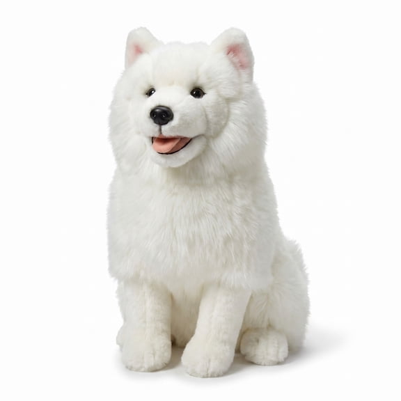 MAOWO Planet Realistic White Faux Fur Samoyed Dog Plush Sitting Puppy Companion with Curled Tail