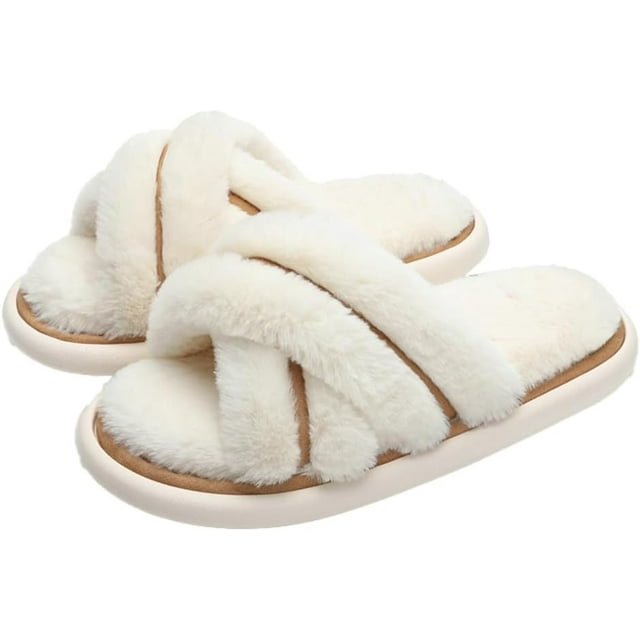 MAOYA Women's Cross Band Slippers with Memory Foam Insole Fuzzy Soft Fluffy Open Toe House Shoes Comfy Indoor Outdoor Slip On Breathable