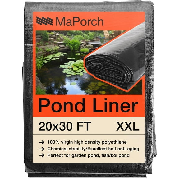 MAPORCH Pond Liner 20 x 30 FT Waterproof 100% HDPE Reinforced Polyethylene 20 Mil for Fish Koi Pond, Fountain, Waterfall, Water Tank, Pond Liners for Outdoor Ponds- UV Resistant RPE Pool Liner, Black