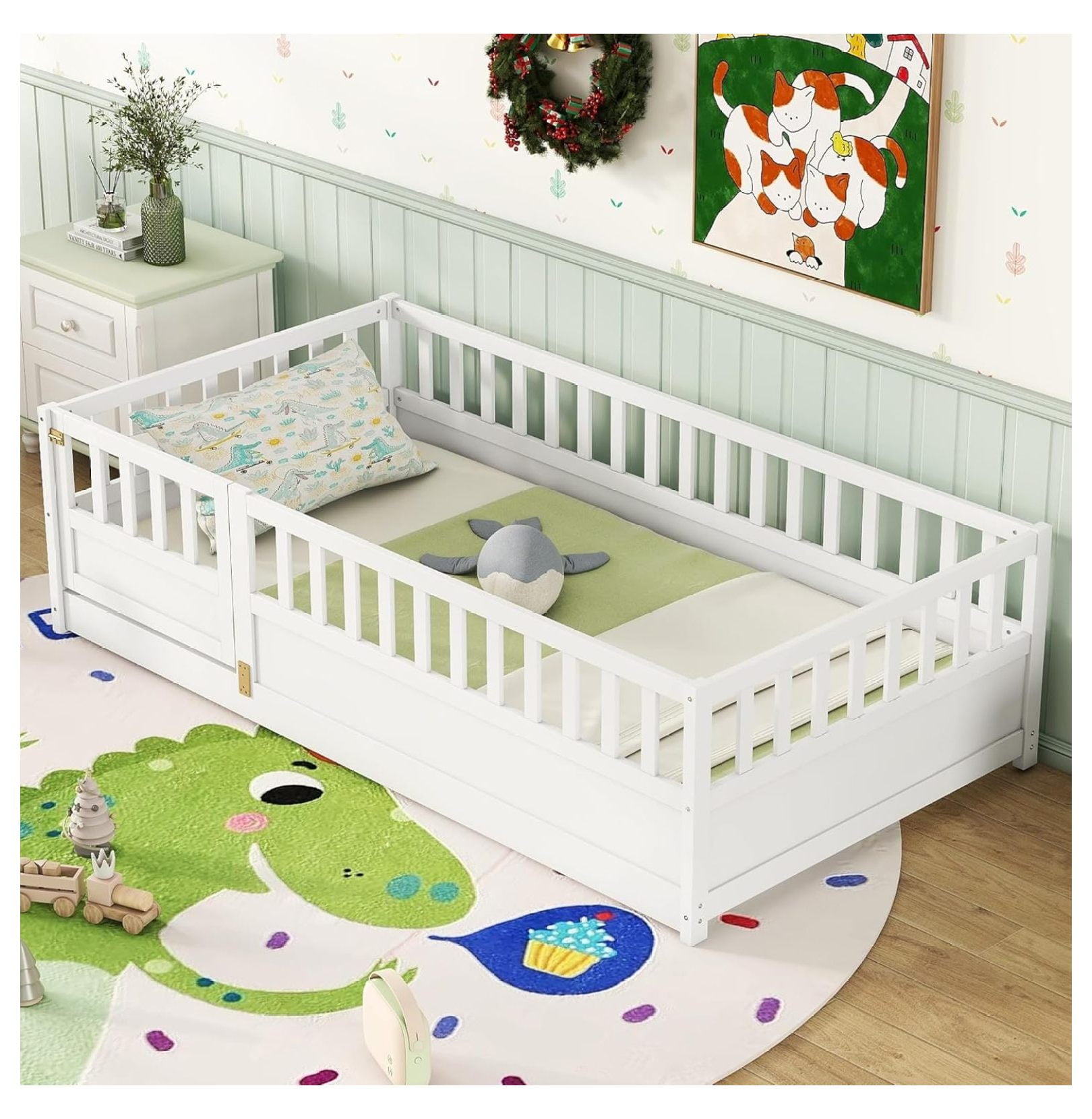 MAQING Floor Bed with High Rails, Wood Montessori Floor Bed with Door ...