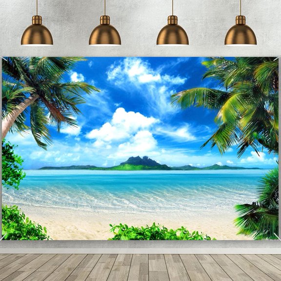 MAQTT 10x8ft Hawaiian Tropic Palm Tree Beach Ocean Blue Sky and White Clouds Wedding Photography Party Decoration Banner Photo A101