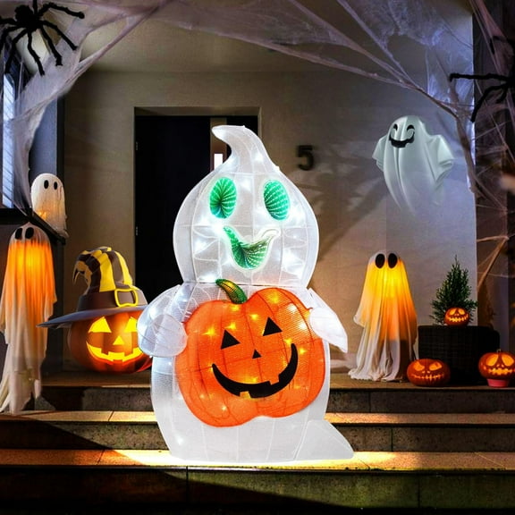 MARACOL Halloween Ghost Decor, 128 LED Pre-Lit Ghost Halloween Decorations with Animated Eyes Cute Light Up Ghost Holding Pumpkin Glowing Ghosts Fall Decor for Outdoor, Indoor, Yard, Porch, Garden