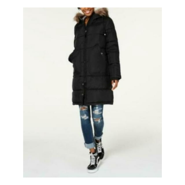 MARALYN & ME Womens Black Faux Fur Pocketed Hooded Zippered Puffer Winter Jacket Coat Juniors XS
