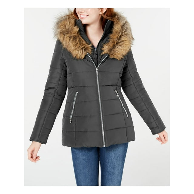 MARALYN & ME Womens Gray Faux Fur Hooded Water Resistant Puffer Winter Jacket Coat M