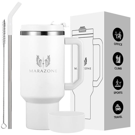 MARAZONE  40 oz Stainless Steel Insulated Travel Mug  with Reusable Straw- White Dove
