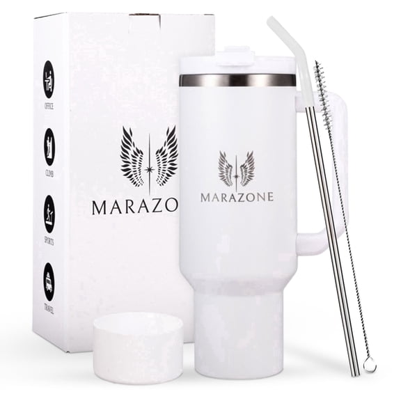 MARAZONE 40 oz White Stainless Steel Insulated Tumbler with Reusable Straw and Leak Proof Lid for Hot or Cold Drinks