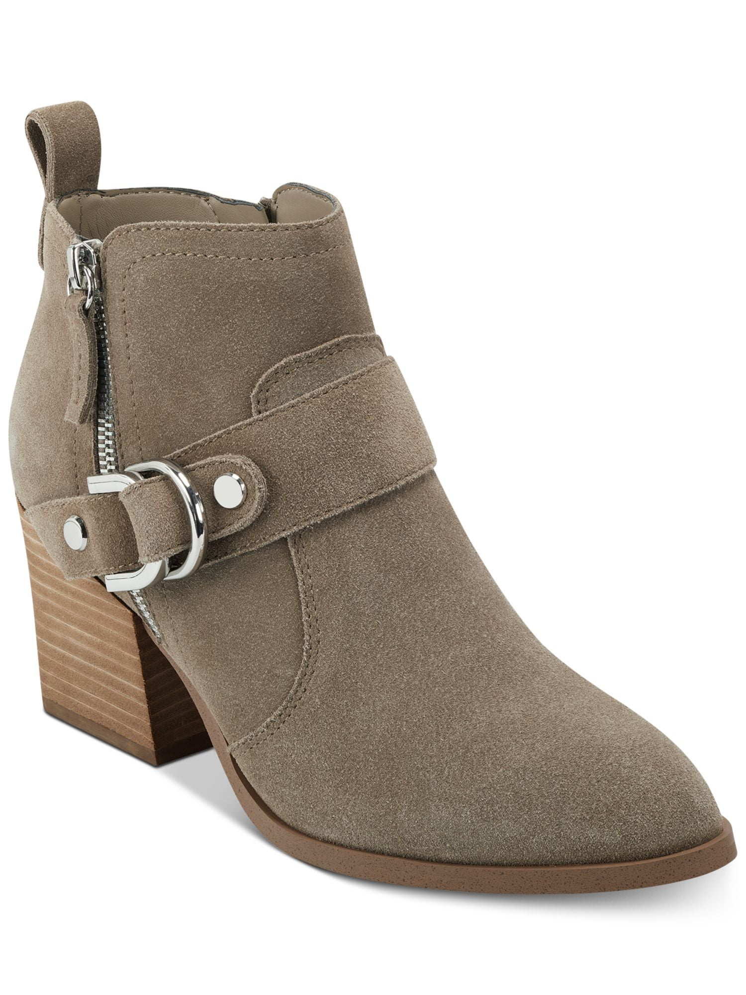 MARC FISHER Womens Beige Cushioned Water Resistant Zipper Accent Buckle Accent Victa Almond Toe Block Heel Zip Up Leather Booties 8.5 M
