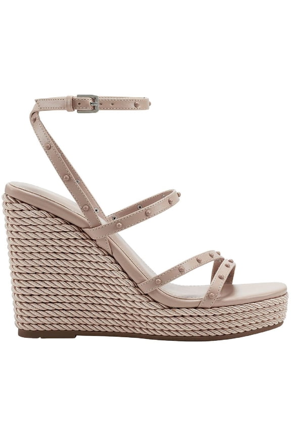 Womens Beige Strappy Studded Zig Square Toe Wedge Buckle Heeled Sandal 10 M