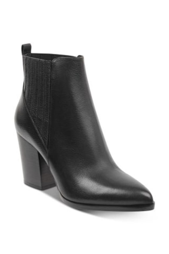 Womens Black Heel Pull-Tab Goring Padded Alva Pointed Toe Stacked Heel Slip On Leather Booties 5.5 M