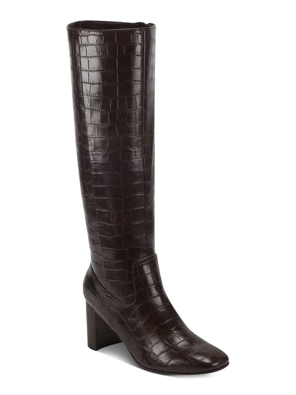 Womens Brown Croc Embossed Cushioned Water Resistant Slip Resistant Revela 3 Square Toe Block Heel Zip-Up Heeled Boots 8 M