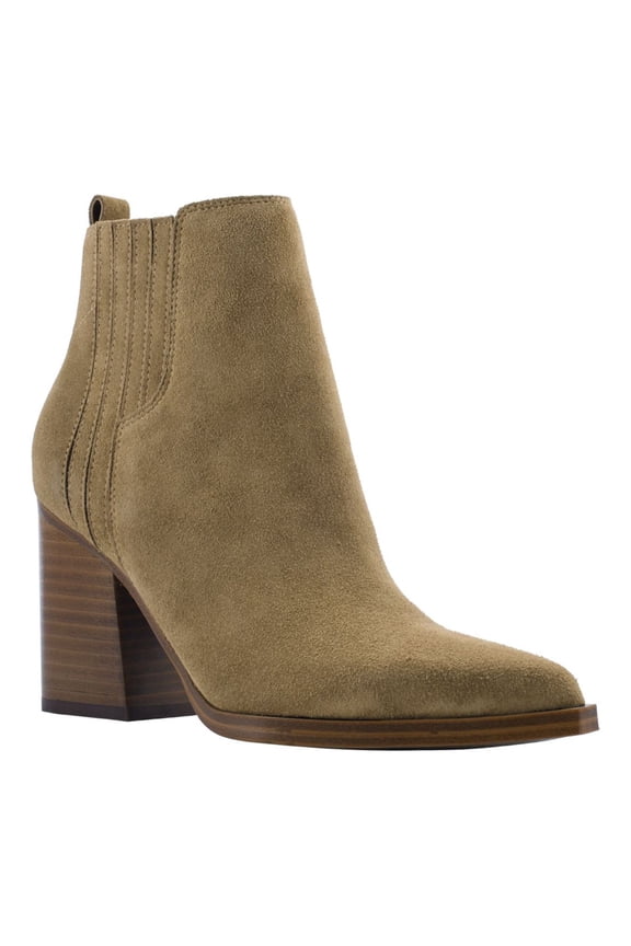 Womens Brown Pull Tab Goring Padded Matter Pointed Toe Block Heel Zip-Up Leather Booties 8 M
