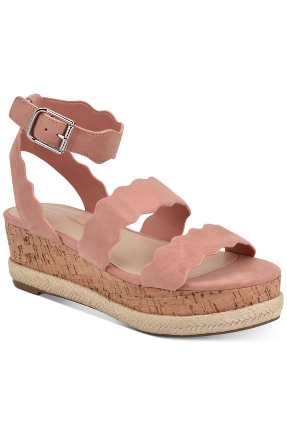 Womens Pink 1" Platform Padded Cork-Like Jute Detailing Scalloped Ankle Strap Fayme Round Toe Wedge Buckle Leather Slingback Sandal 9.5 M