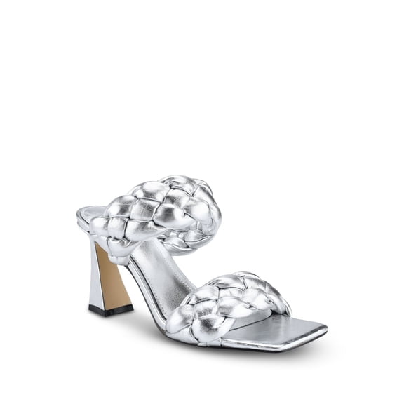 MARC FISHER Womens Silver Braided Padded Hammy Square Toe Flare Slip On Leather Dress Heeled Sandal 6.5 M