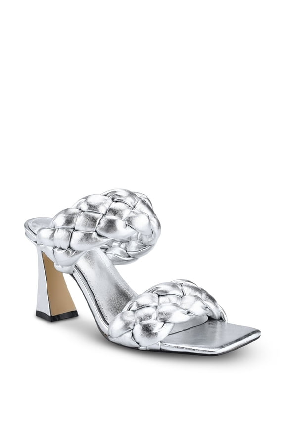 Womens Silver Braided Padded Hammy Square Toe Flare Slip On Leather Dress Heeled Sandal 6.5 M