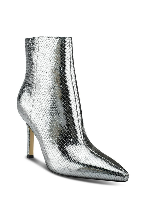 Womens Silver Snake Comfort Kendry Pointed Toe Stiletto Zip-Up Leather Booties 9 M