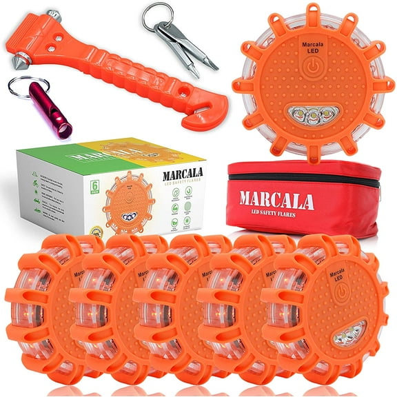 MARCALA Round Eco-Friendly LED Road Flares Complete Kit, Batteries Not Included, 6 Pack