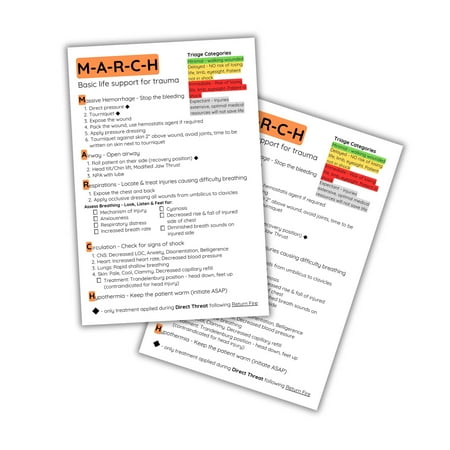 MARCH Basic Life Support for Trauma Checklist 10pk 4x6 Paper Reference Card Chart Casualty Management Injury Response Kit Survivor Training