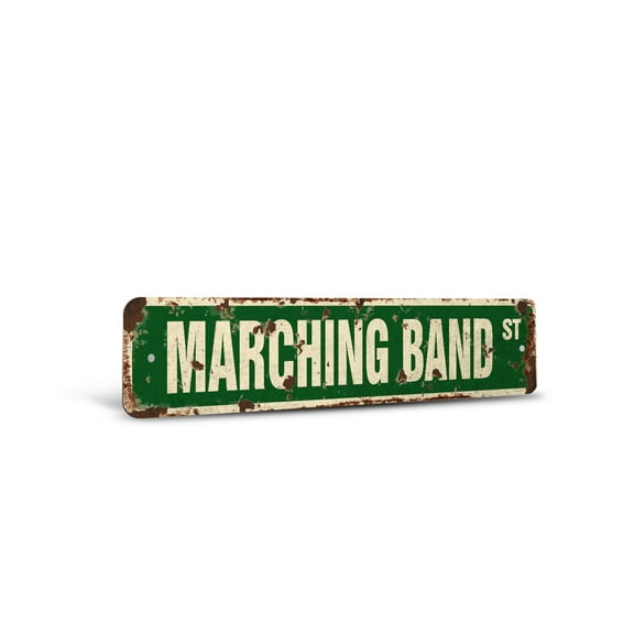 MARCHING BAND Vintage Style Rustic Street Sign – High School Football Military Cheerleader Retro Decorative Wall Sign for Home, Bar, Garage, or Outdoor Use | 4" X 18" Aluminum Metal
