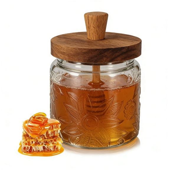 MARCHROSE Glass Honey Jar with Dipper Stick and Wood Lid, 17oz Honey Pot for Kitchen Storage Sunflower