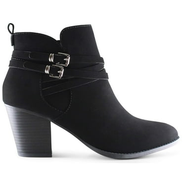 MARCO REPUBLIC Switzerland Women's Ankle Boots Almond Toe Mid Heel Chunky Block Stacked Heels Booties, Black, Sizes 5-11