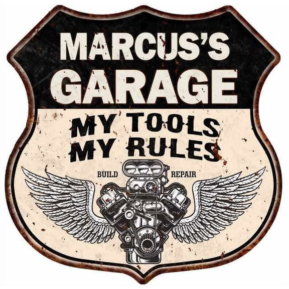 MARCUS'S Garage My Tools My Rules V8 Wings 12x12 Metal Sign 211110026149