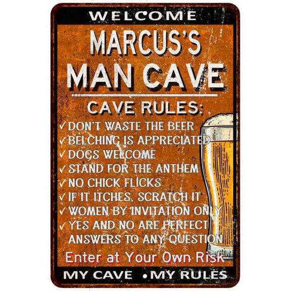 MARCUS'S Man Cave Rules Rusty Sign Garage Decor 16 x 24 Matte Finish Metal 116240051321