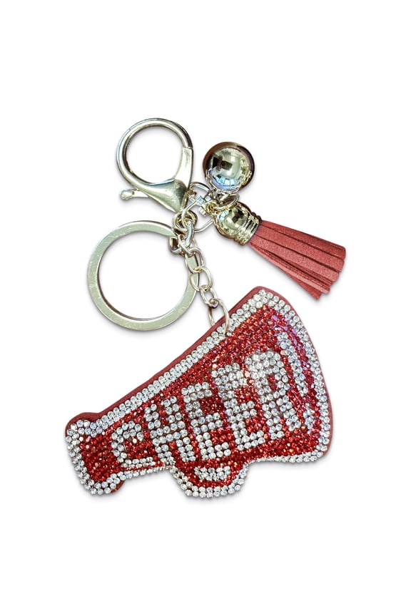 Sparkling Red and Silver Rhinestone Cheerleader Megaphone Keychain Perfect Bag or Purse Charm Accessory for Cheer Enthusiasts and Team Spirit