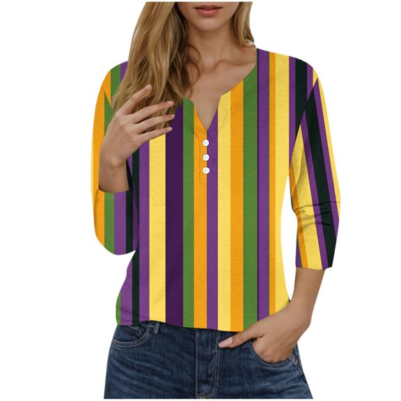 MARDI GRAS Women Shirts 3/4 Sleeve Blouse Henley Neck Top Casual Tunic Pullover Tshirt 2025 Fashion